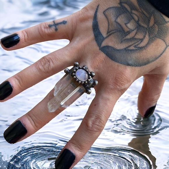 Natural iridescent flash moonstone gem triple crystal quartz adjustable ring - Picture 3 of 16